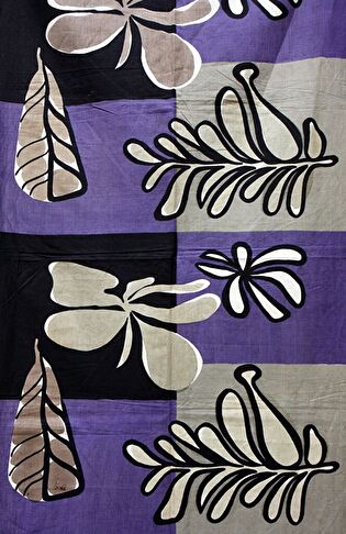 Printed fabric from the Warszawa Hotel in Moscow, stylised flower pattern on black, amaranth, grey and violet rectangular fields
