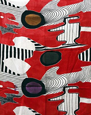 Printed fabric, abstract & graphic pattern, white patches with black contours and lines against a red background, with underpainted circles