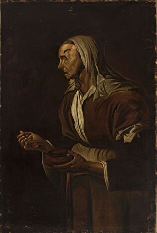 Portrait of an old woman with a bowl