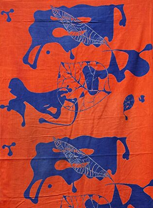 Printed fabric for the Christine Café, blue abstract & floral pattern against a orange background
